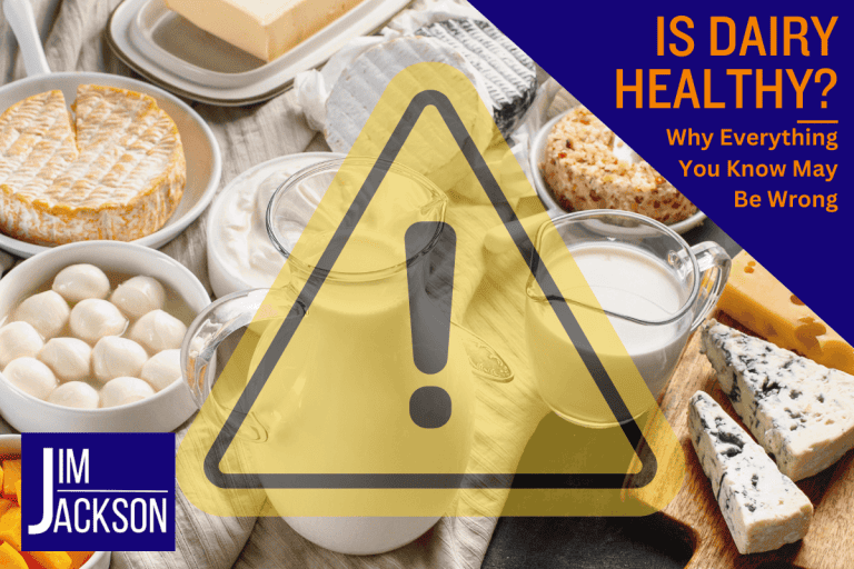 A table of various dairy products with a yellow triangle hazard sign overlay questioning is dairy healthy