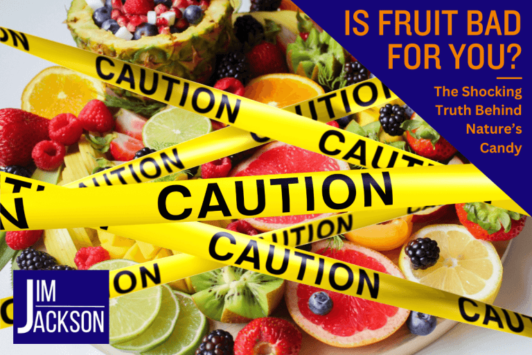 An assortment of colorful fruits with yellow caution tape overlaid questioning is fruit bad for you