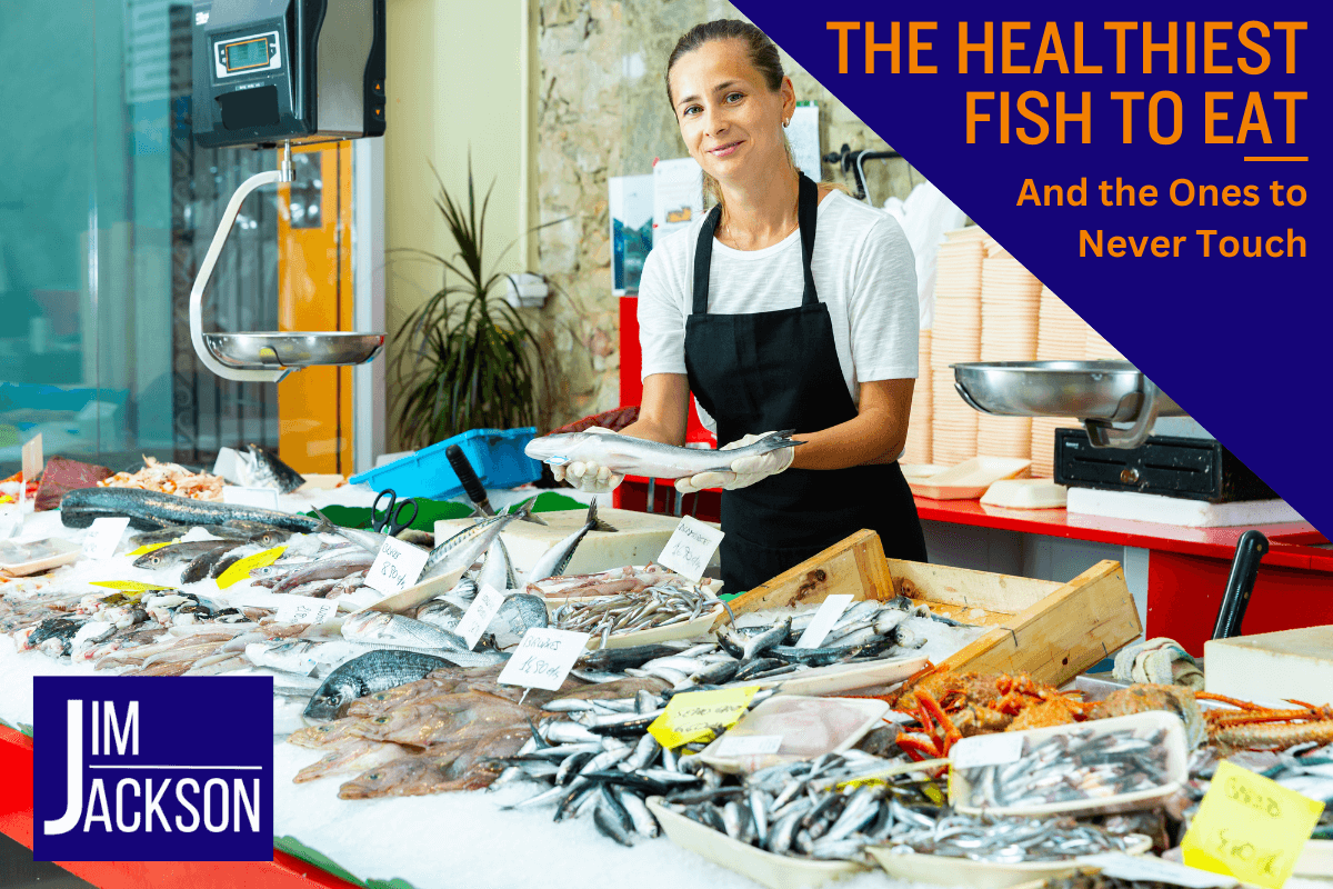 A fishmonger with a selection of fish depicting the healthiest fish available
