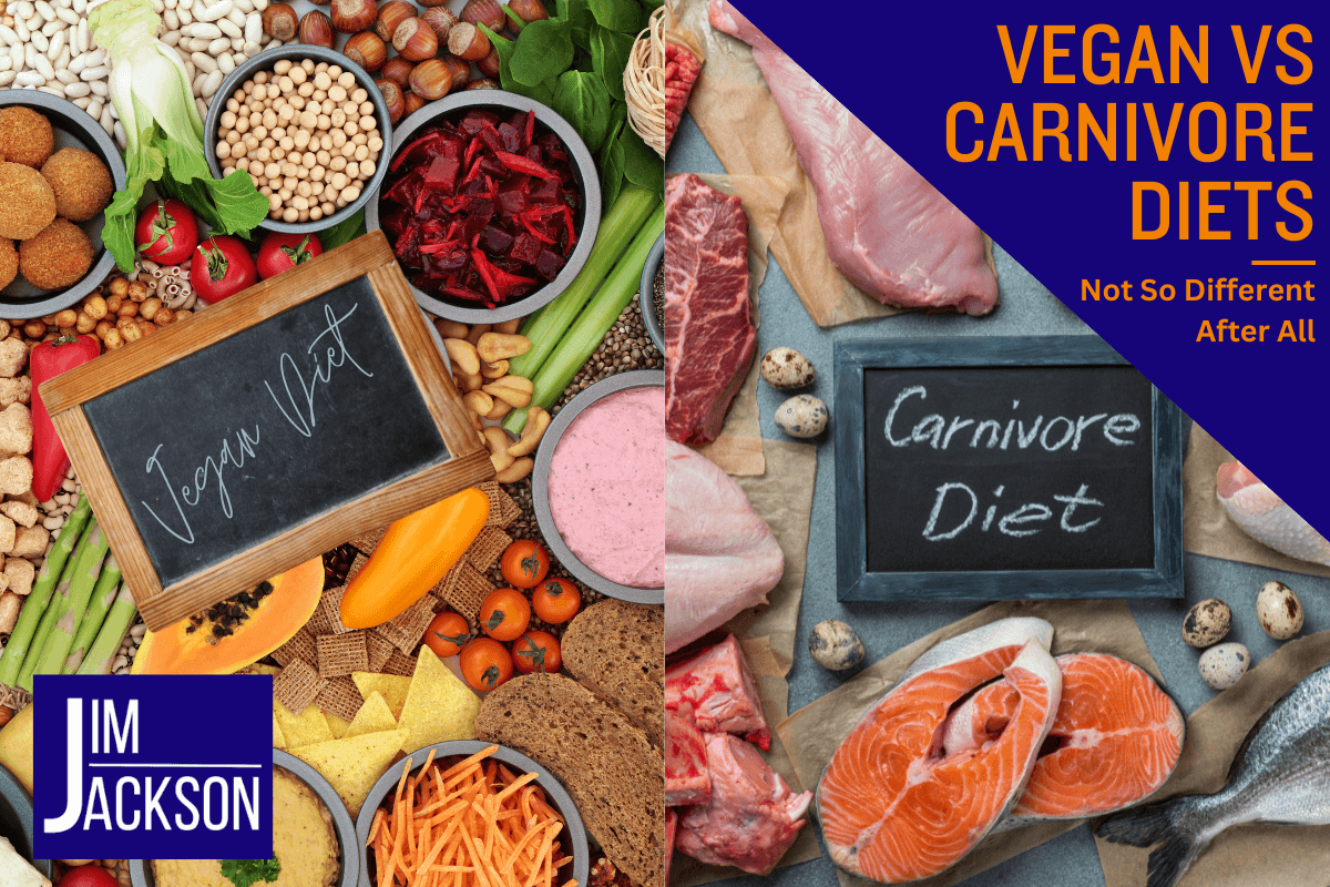 A split image of vegan foods one side and meats the other depicting Vegan vs Carnivore Diets