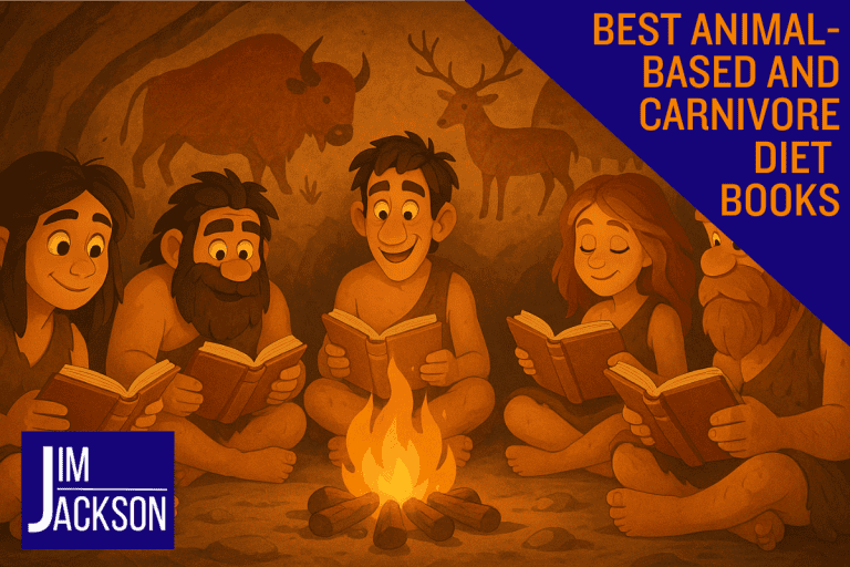 Cave people sitting in a cave around a fire reading books depicting the Best Animal-Based And Carnivore Diet Books