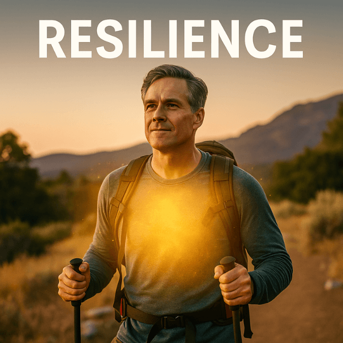 A glowing middle aged man hiking depicting Chronic Health Conditions from taking colostrum