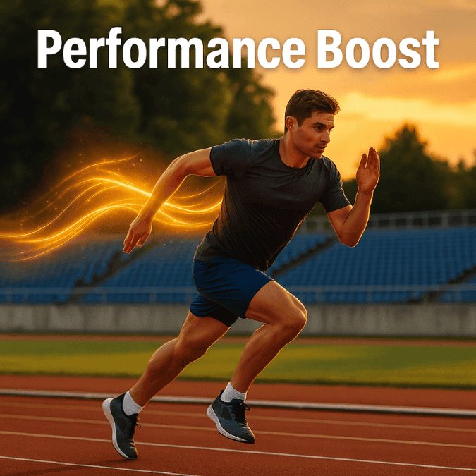 A man running with glowing trailing streams depicting Athletic Performance & Sports Nutrition from taking colostrum