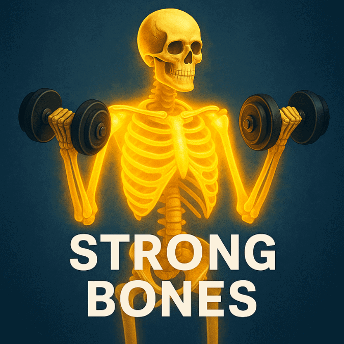 A glowing skeleton lifting weights depicting Bone Health & Tissue Repair from taking colostrum