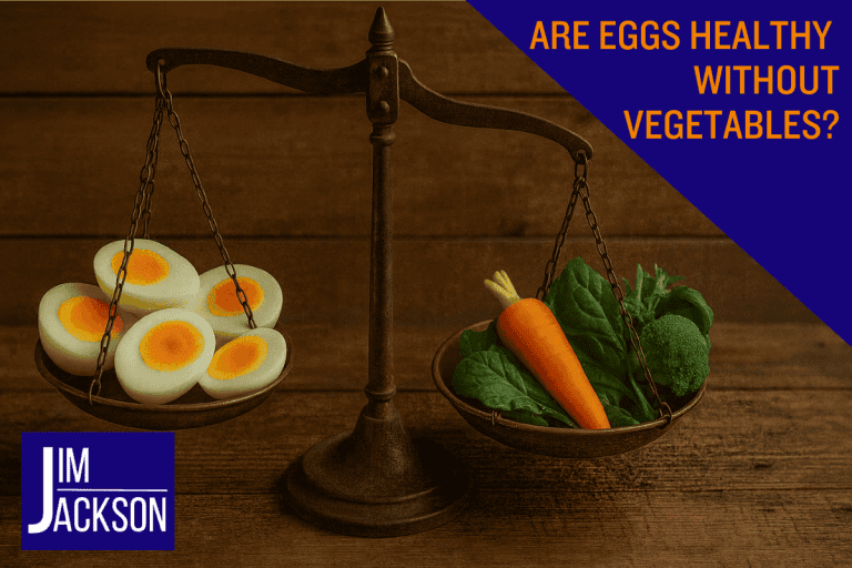 Some old school scales with boiled eggs on one side and various vegetables on the other depicting Are eggs healthy without vegetables?