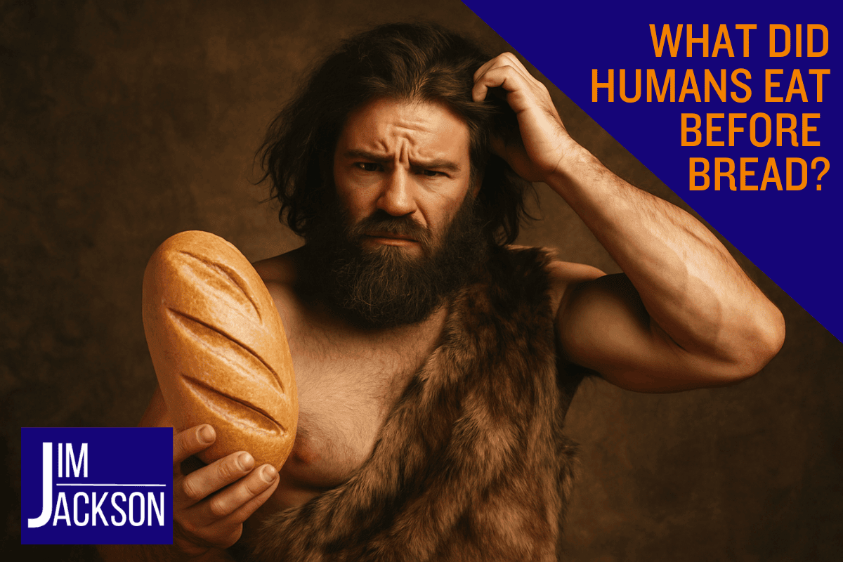 A caveman holding a loaf of bread depicting What Did Humans Eat Before Bread?