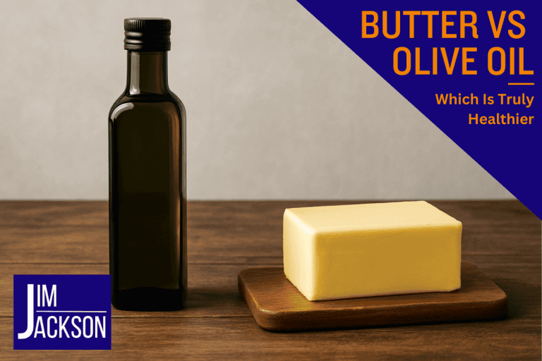 A bottle of olive oil next to a block of butter depicting the question; Butter vs Olive Oil Which Is Truly Healthier