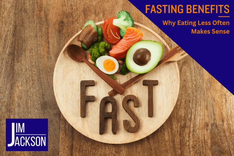 A circular wooden board with food on one quarter depicting fasting benefits
