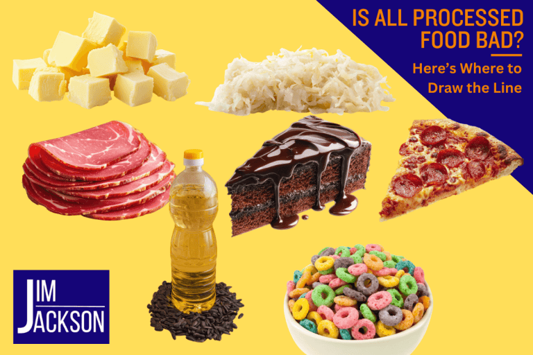 Various processed foods with the words "is all processed food bad"