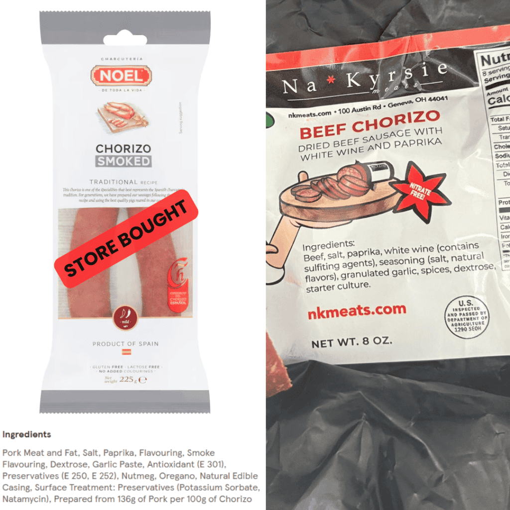 Store bought vs NaKyrsie Chorizo ingredient list